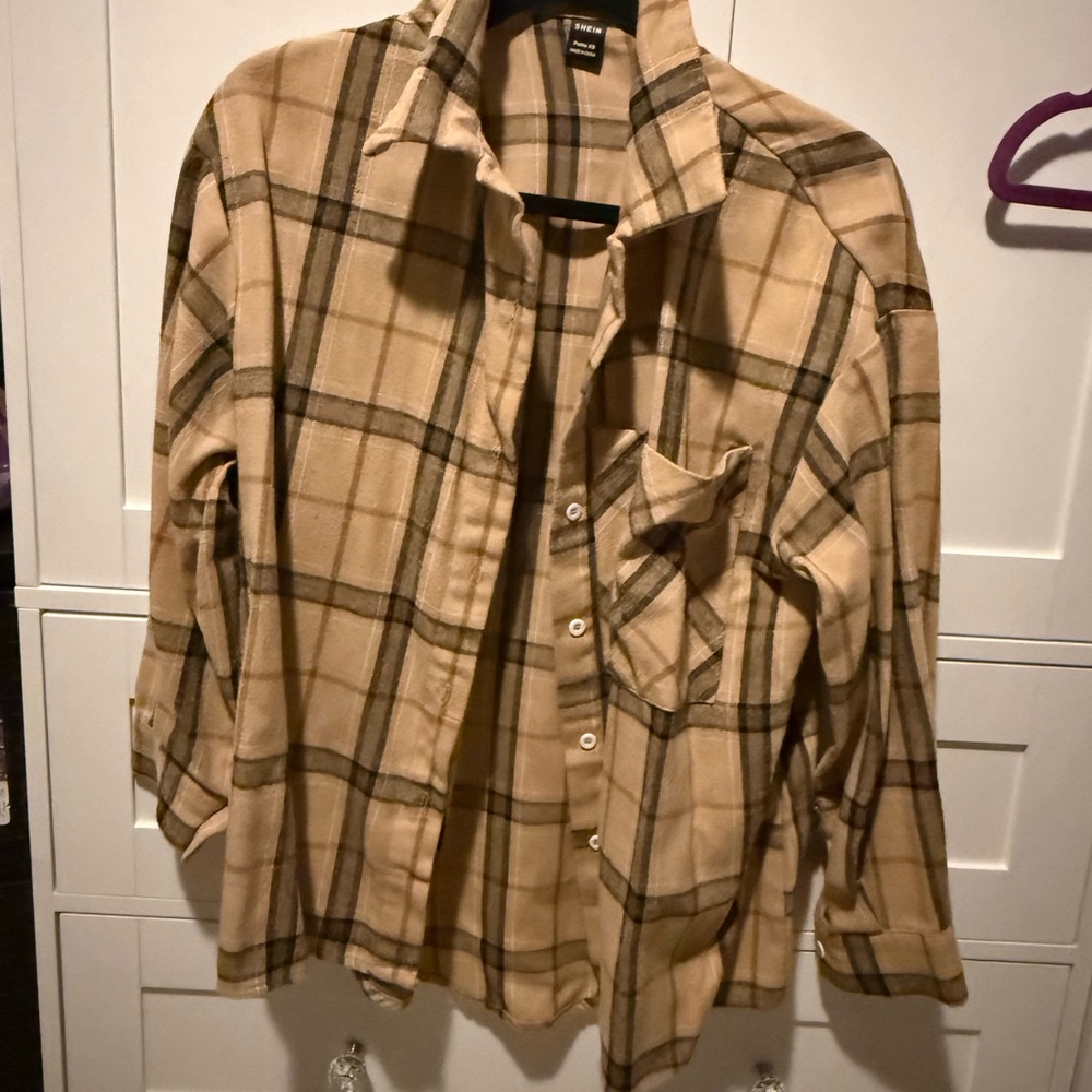 SHEIN Beige and Black Checkered Shirt
